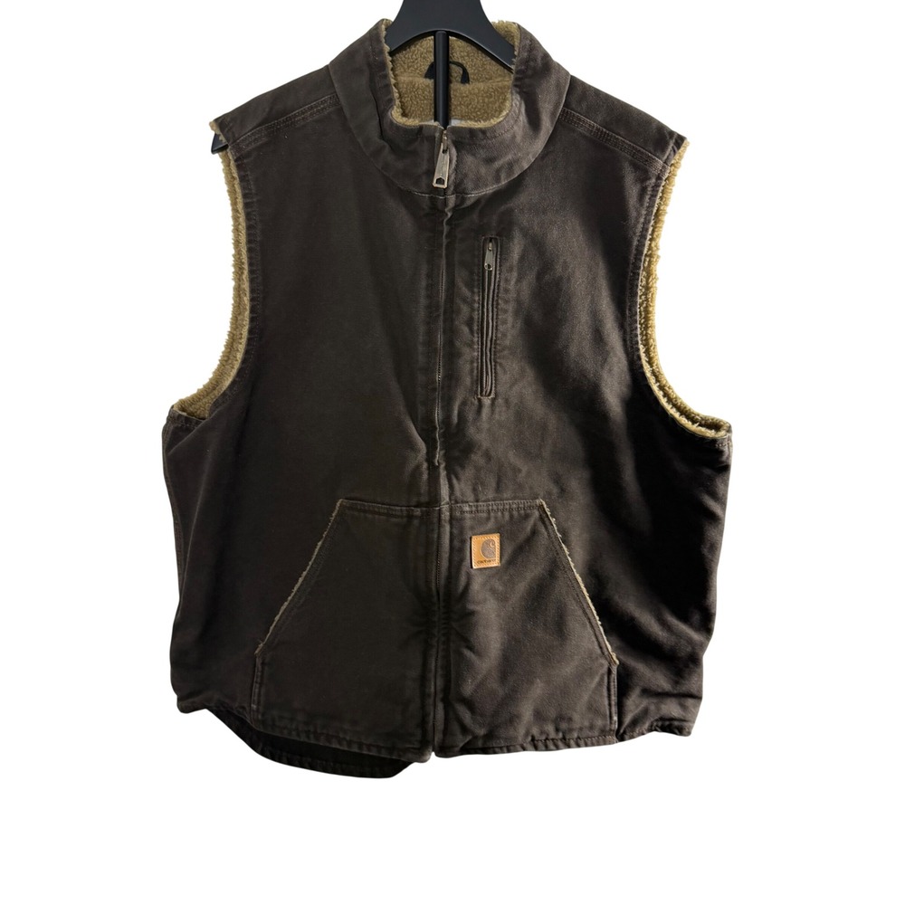 VTG Carhartt Mens Sandstone Duck Sherpa Lined Mock Neck Vest Brown XL V26 BRN